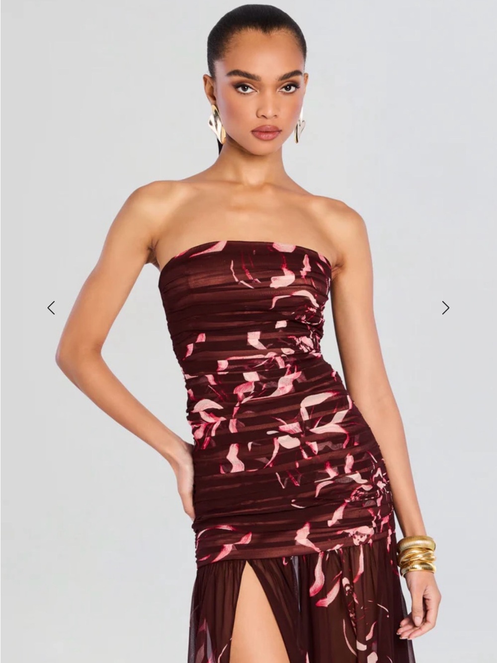 Retrofete Strapless Burgundy Dress with Pink Floral Print